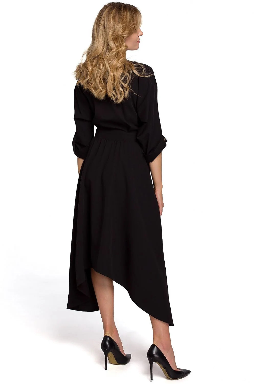 Robe noire asymétrique polyester chic moderne femme élégante manches longues boutons dorés urbain chic