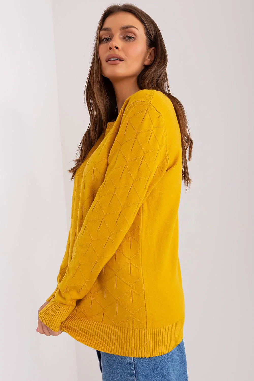 Pull pour femme jaune moutarde maille motif géométrique col rond manches longues coton laine ajusté polyvalent