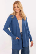 cardigan cape femme bleu denim maille douce viscose modal nylon léger confortable coupe droite manches longues poches plaquées finitions côtelées