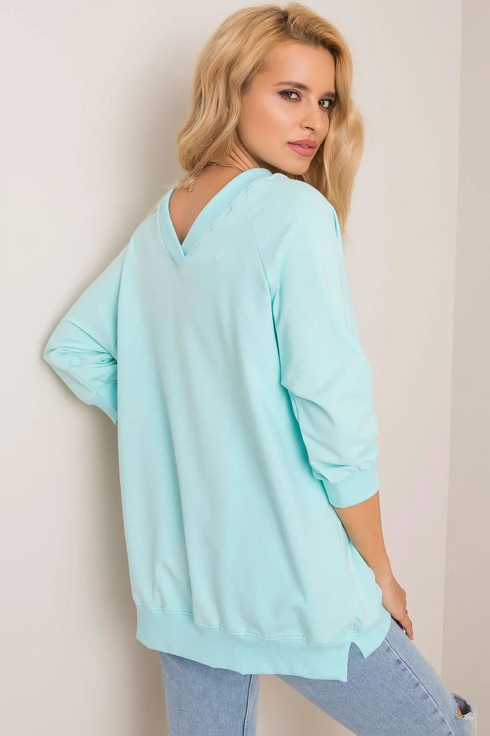 sweatshirt femme oversize col V menthe pâle tunique ample molleton léger manches raglan poignets bordcôte base côtelée layering casual décontracté