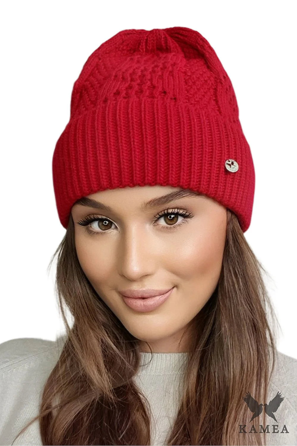 Ensemble pour femme Kamea bonnet écharpe hiver laine mixte style moderne motif torsadé couleur rouge vif