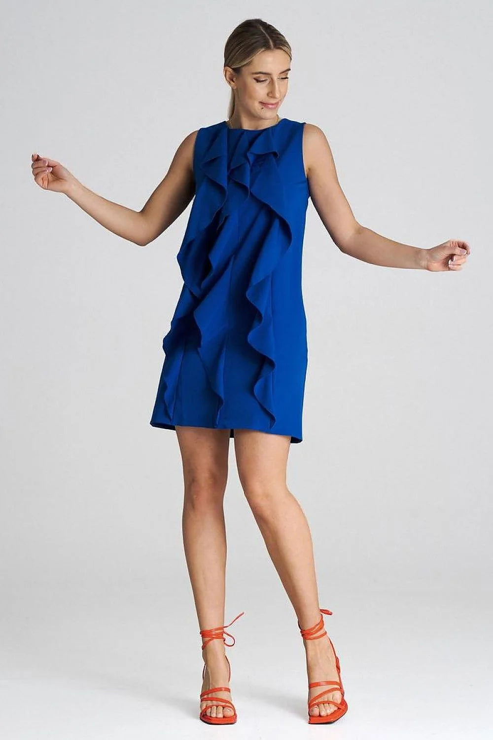 Robe cocktail moderne audacieuse bleu électrique sans manches volants ruffles femmes occasion soirée semi-formelle
