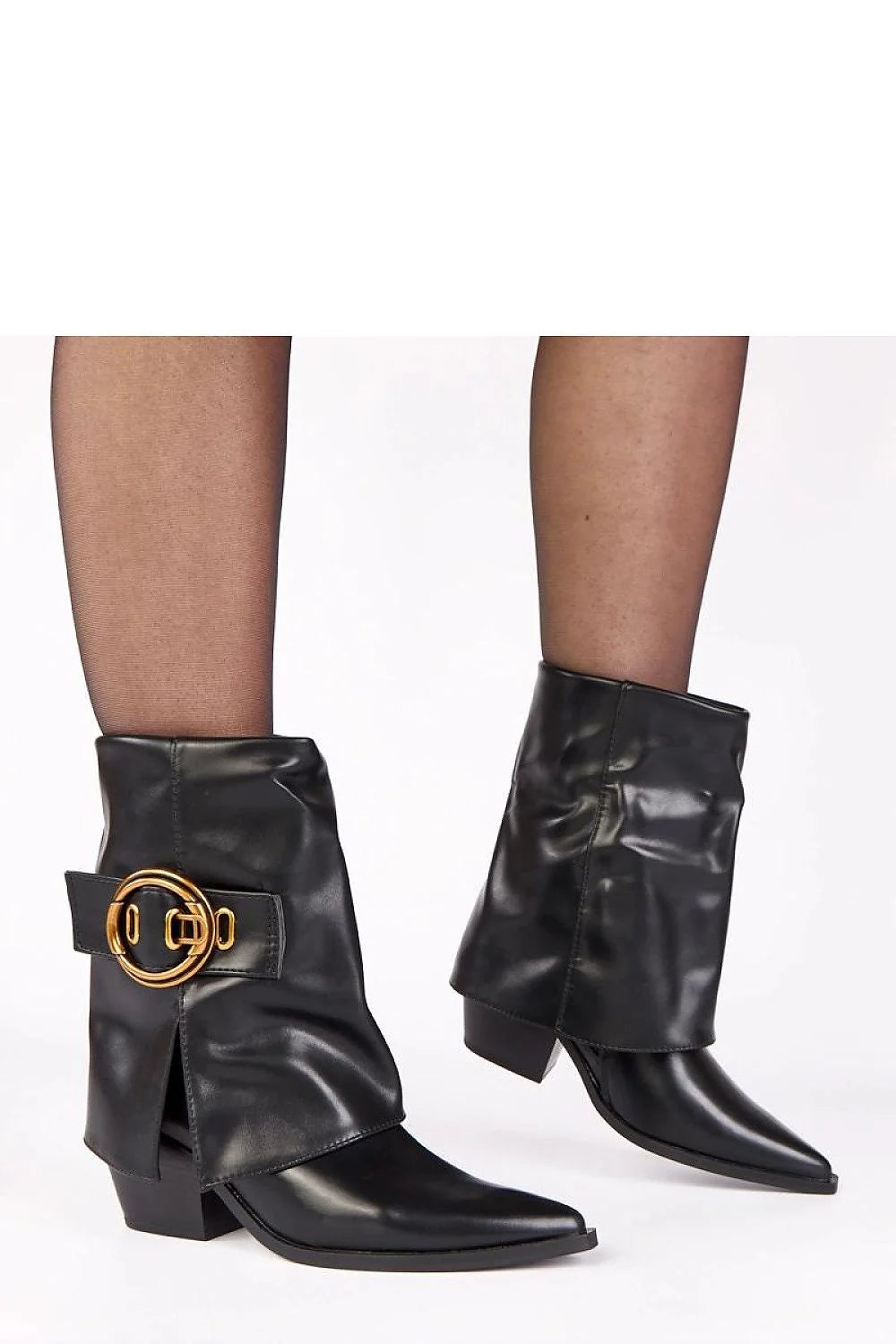 bottines simili cuir noir lisse mi mollet cowgirl moderne bout pointu talon bloc 7cm col roulé boucle dorée