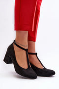 Escarpins talon large design moderne élégant cuir suédé écologique bride T ajustable fermeture boucle chaîne cheville noire femmes confort soirée