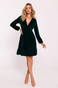 robe velours vert émeraude foncé femme manches longues bouffantes décolleté profond taille empire cintrée volant trapèze midi élégante luxueuse