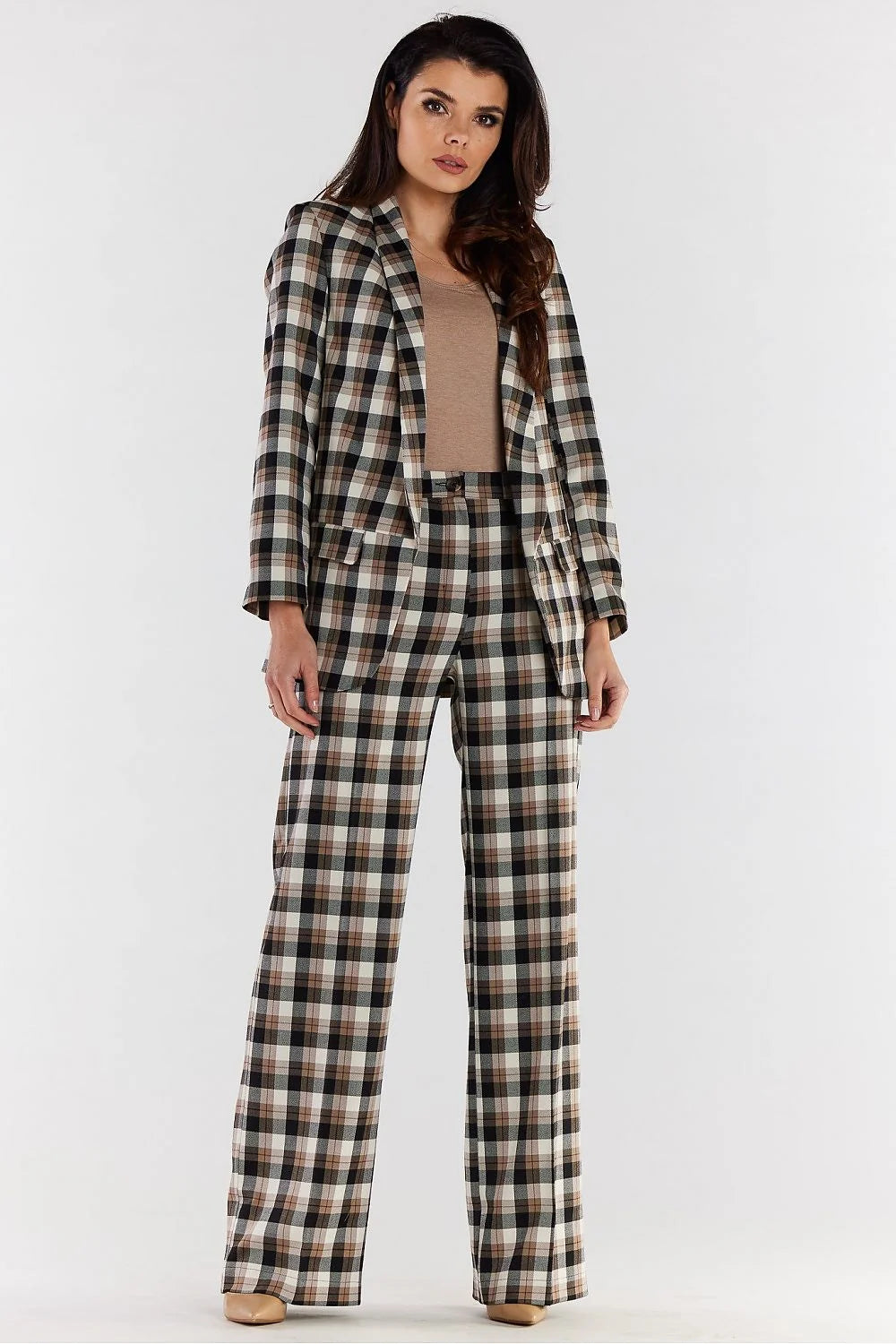 Pantalon femme taille haute jambes larges ensemble tailleur carreaux multicolore look professionnel moderne occasion bureau mariage
