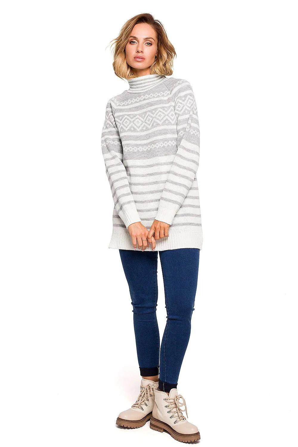 Pull en maille confortable ample motifs géométriques rose blanc col rond hiver pour femmes