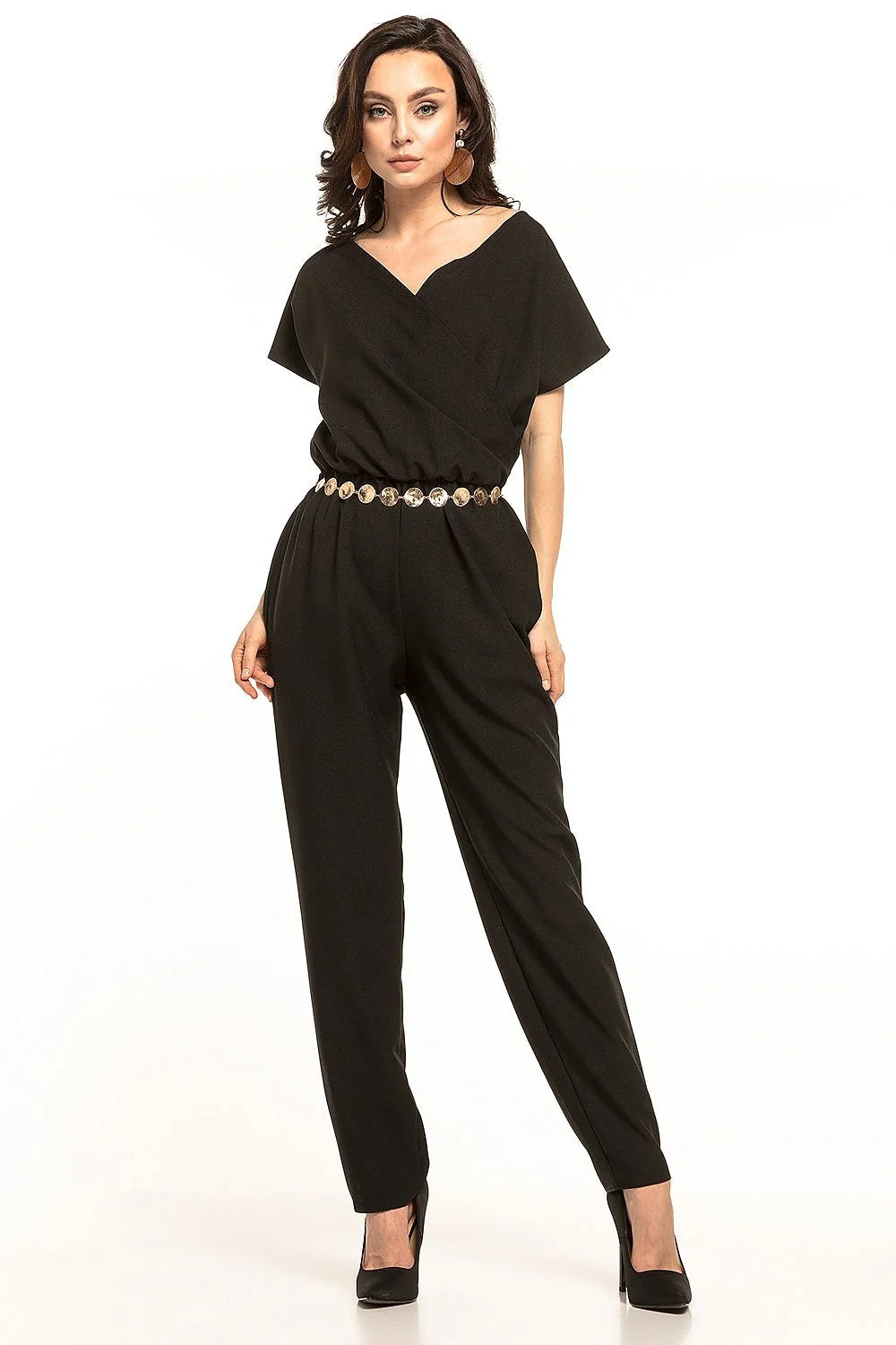 combinaison femme polyester élasthanne vert sarcelle élégante moderne encolure V croisée manches courtes ceinture médaillons dorés poches taille élastiquée droite