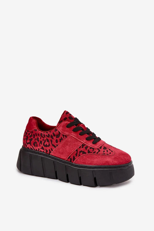 baskets femme Vinceza daim naturel velours rouge imprimé léopard noir lacets noirs plateforme massive semelle crantée épaisse doublée fourrure