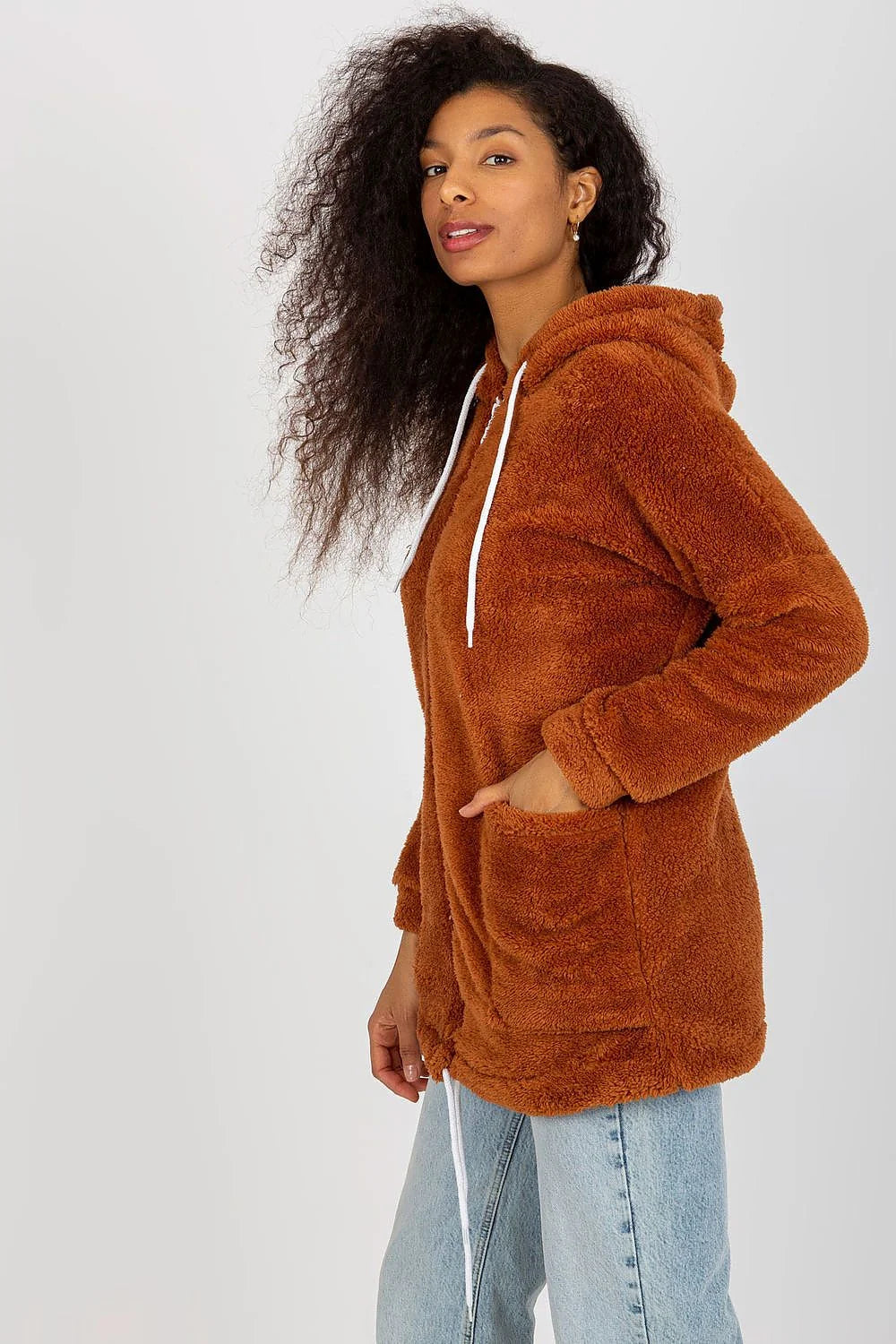 Sweatshirt femme Rue Paris en fourrure chaud capuche fermeture éclair poches grandes coton élasthanne couleur brun rouille
