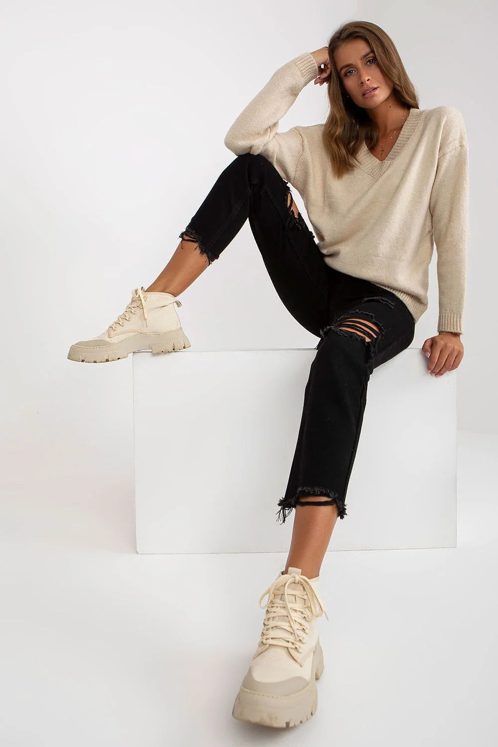pull femme Rue Paris manches longues colV tricot côtelé élasthanne acrylique polyester oversize ample décontractée bordcôtes moelleuse blanc uni intemporel