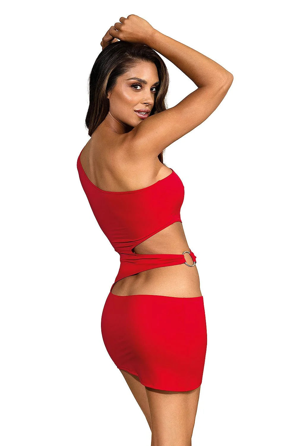 Robe de soirée rouge microfibre sexy et audacieuse asymétrique moderne avec découpes pour femmes élégantes