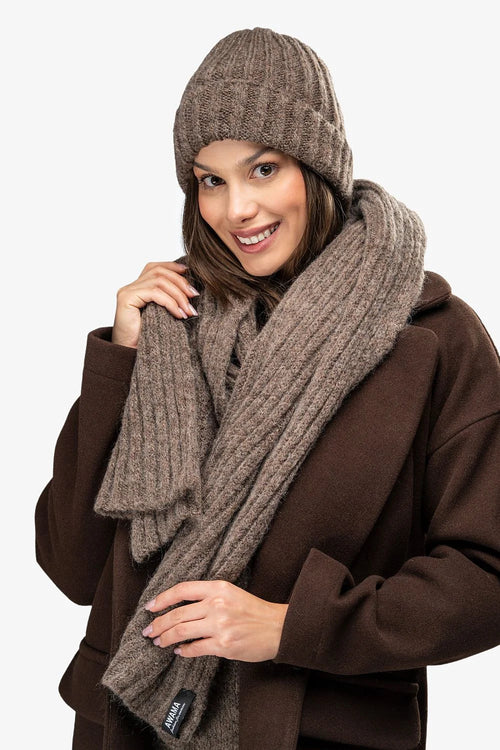 bonnet écharpe cachemire chèvre laine chaud doux taupe côtelé oversize ajusté généreuse moelleux respirant polyvalent voyage travail