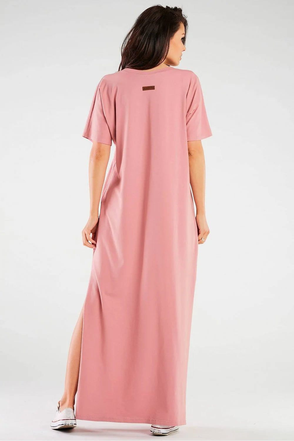 Robe de jour élégante Infinite You rose pâle manches courtes col V slit latéral coton jersey femme