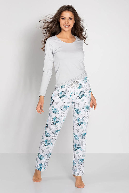 Pyjama femme élégant floral bleu gris clair encolure ronde manches longues pantalon ajustable imprimé fleurs