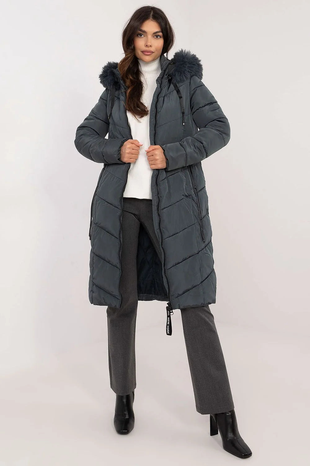 Manteau d'hiver pour femmes moderne long coupe ajustée capuche fausse fourrure gris foncé doublure thermique