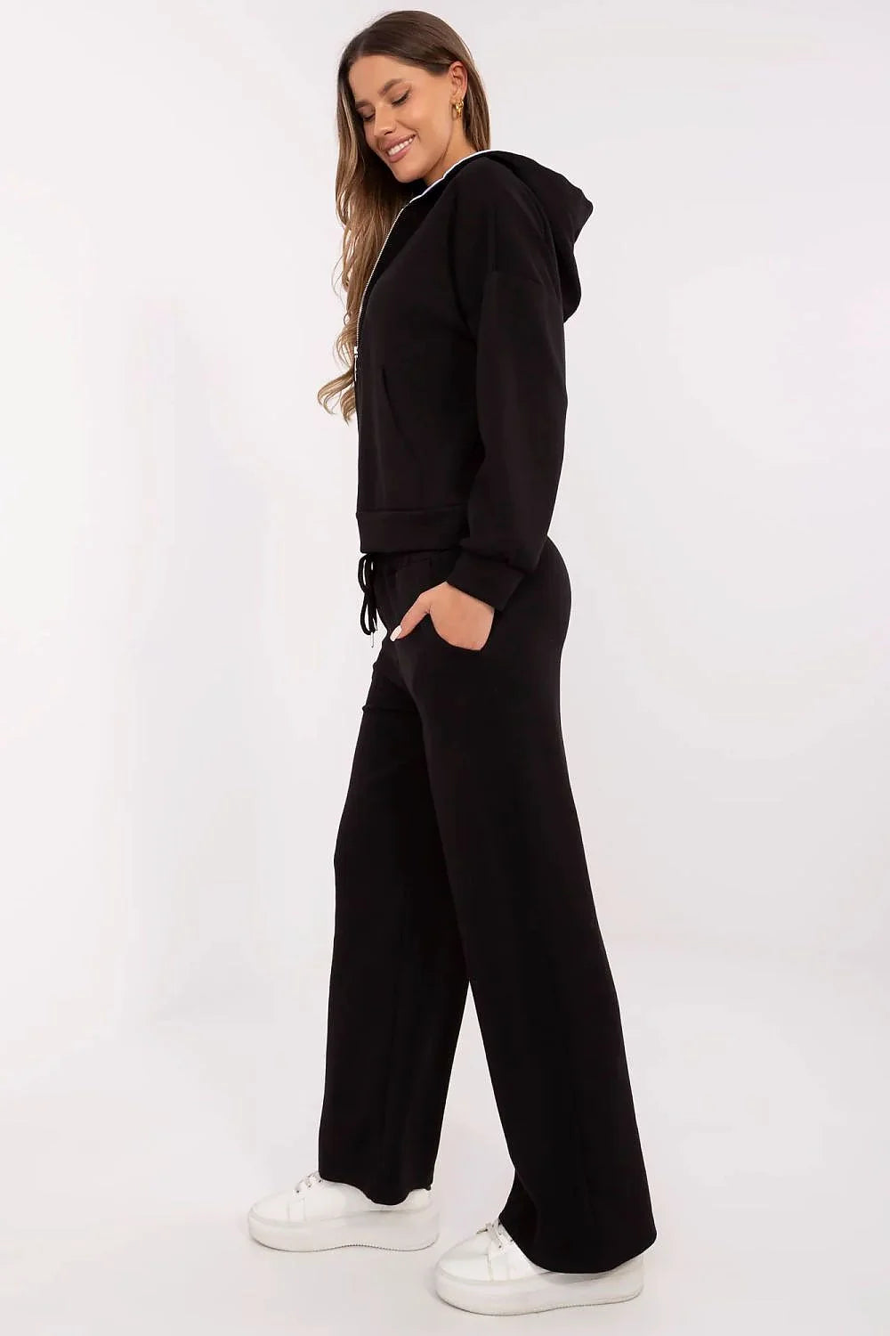 Ensemble de survêtement Italy Moda pour femme, confort et style, noir, capuche zippée, pantalon taille haute, matériaux doux et respirables