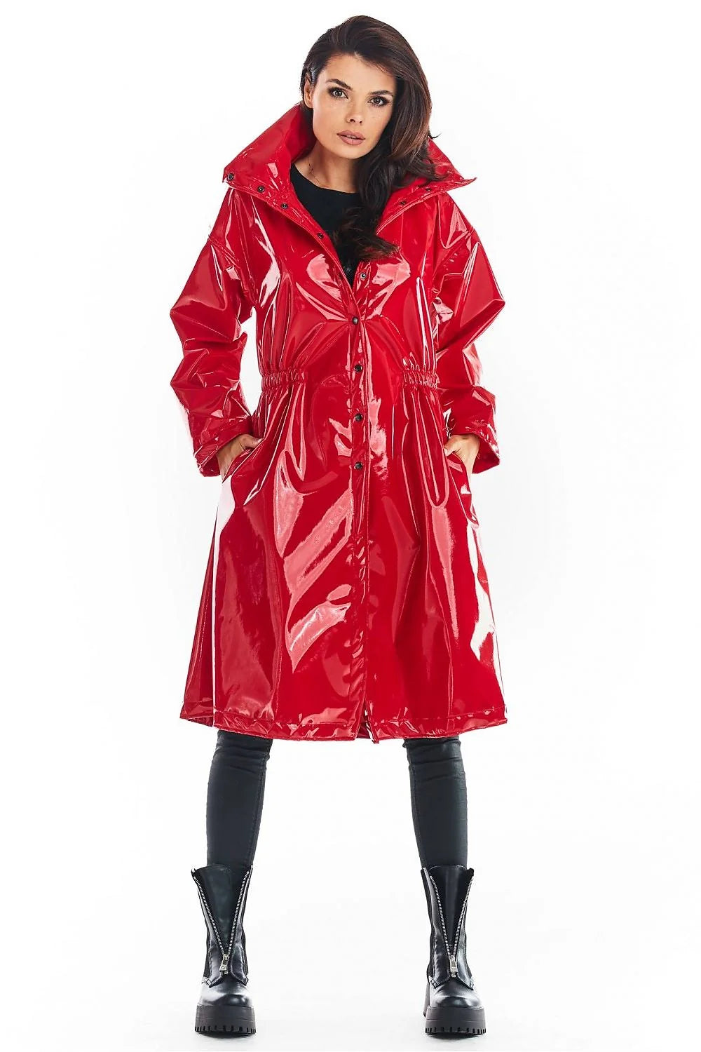 Manteau long vinyle femmes audacieux moderne coupe ample col montant noir rouge confortable