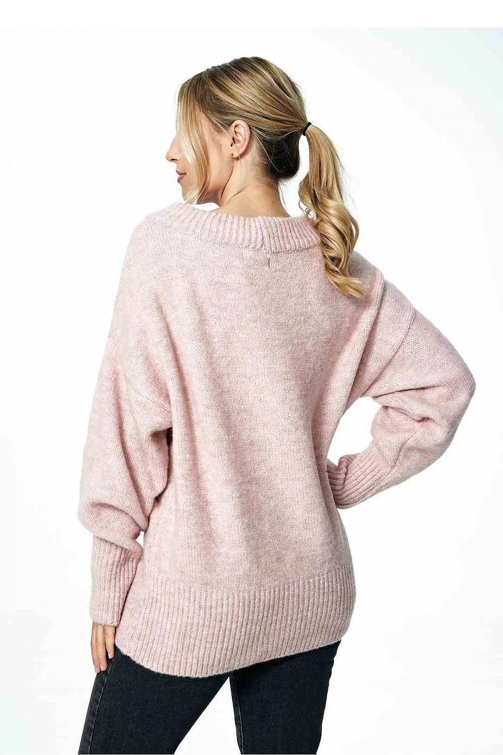 Pull ample pour femme en laine acrylique et polyester, rose pastel, manches longues côtelées, col rond, style classique, doux et confortable