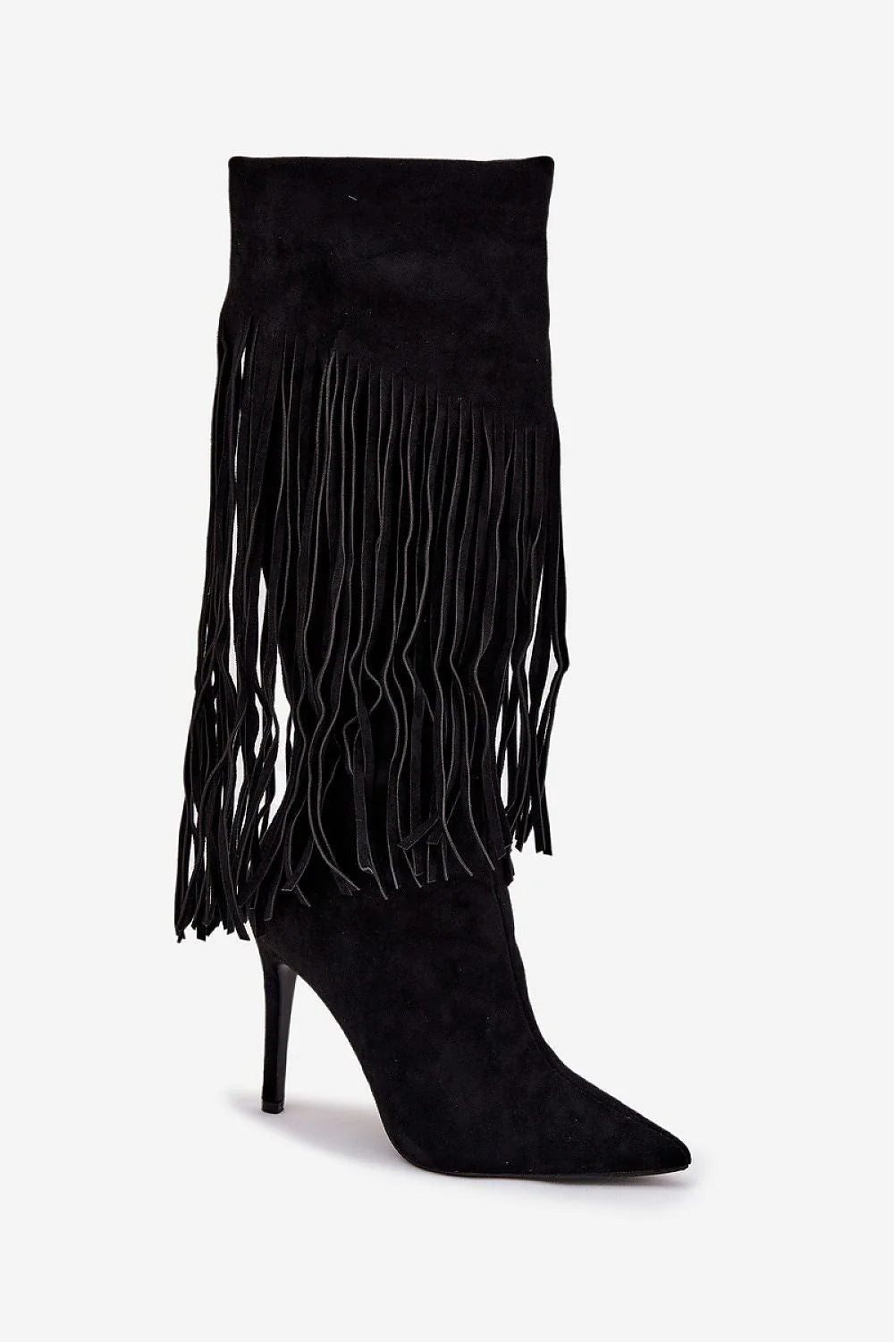 bottes femme suédine noires frangées bohème chic talon aiguille hautes bouts pointus silhouette élancée fermeture zippée semelle tissu écologique
