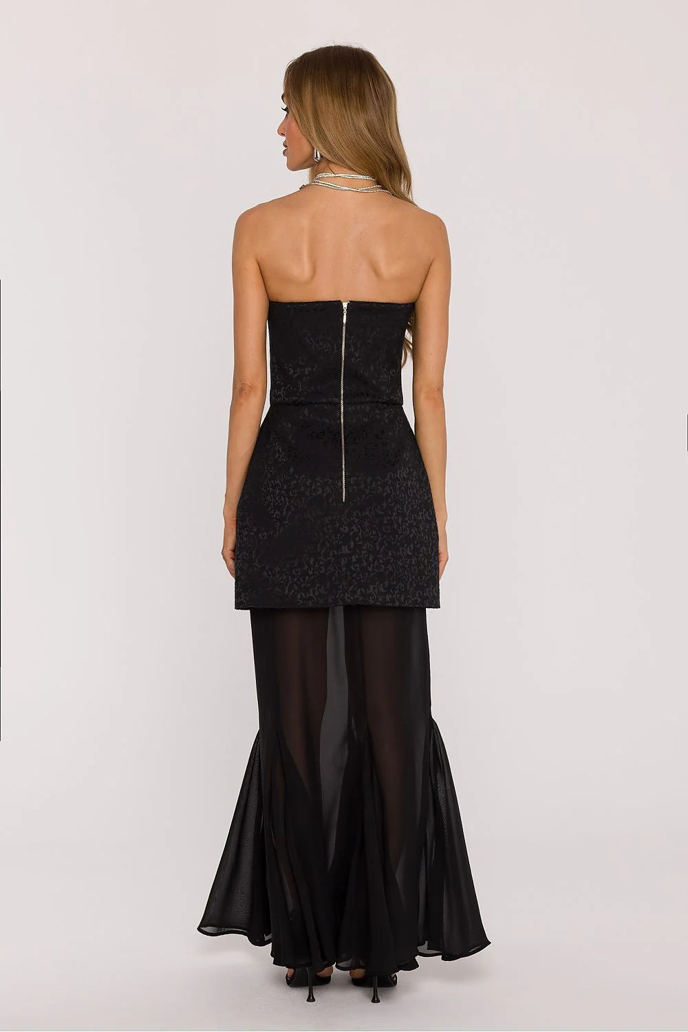 robe soirée bustier noire jacquard superposée mousseline longue transparente col coeur sans bretelles taille cintrée élastique dos élégante