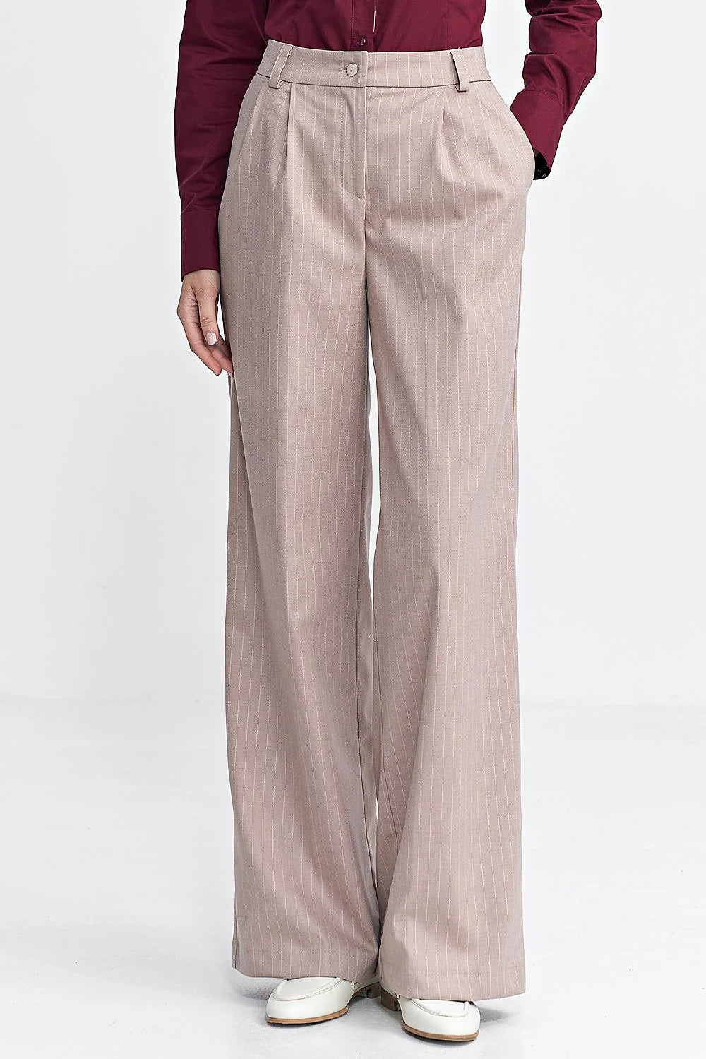Pantalon long élégant pour femme coupe large matière douce style décontracté chic couleur beige rayures blanches hauteur de taille ajustable polyvalent mode intemporel haute qualité