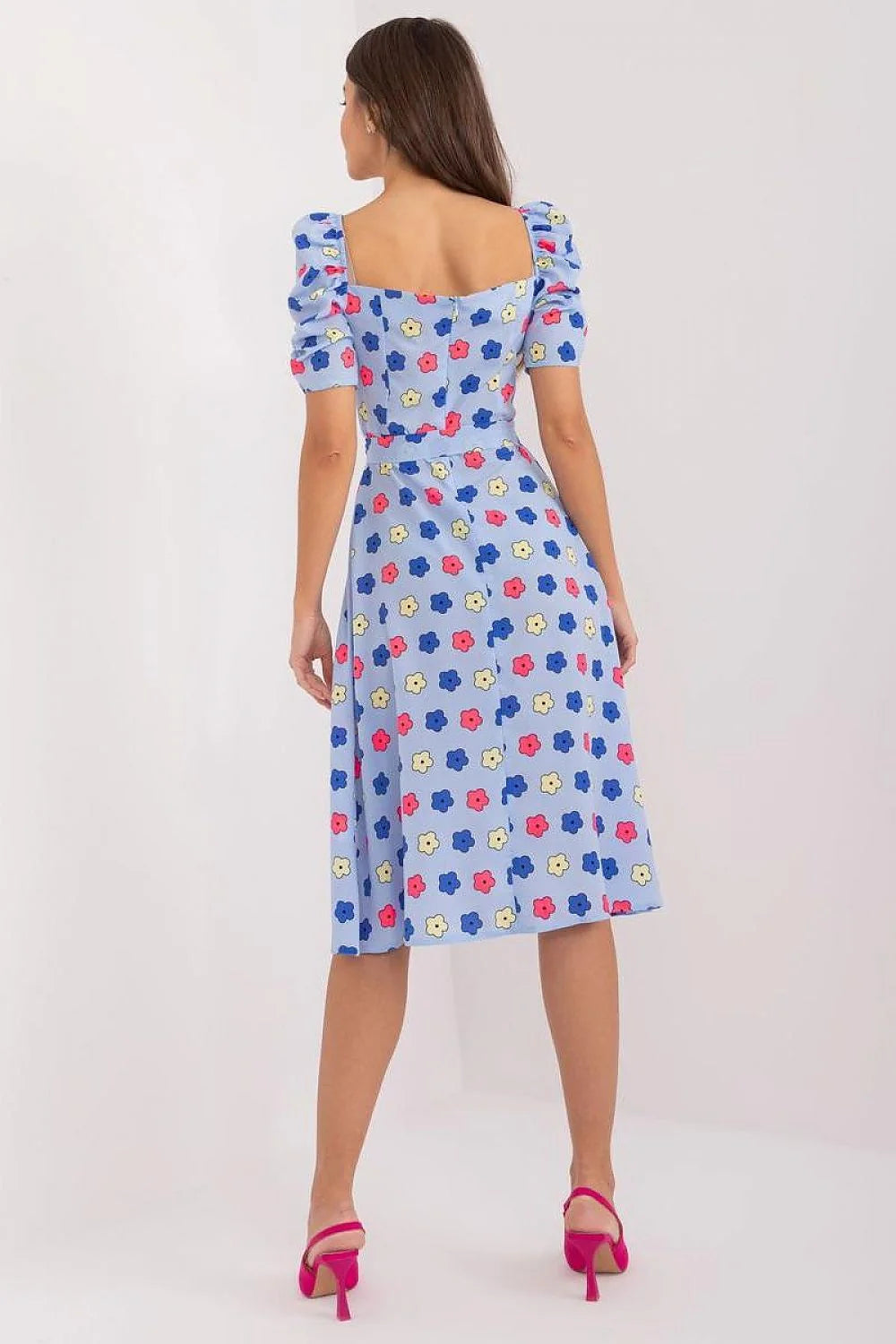 Robe d'été imprimé floral manches courtes encolure carrée taille ajustée jupe évasée mi-longue polyester léger femme