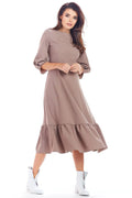 Robe midi élégante taupe ample en coton pour femmes style chic manches trois-quarts polyvalente