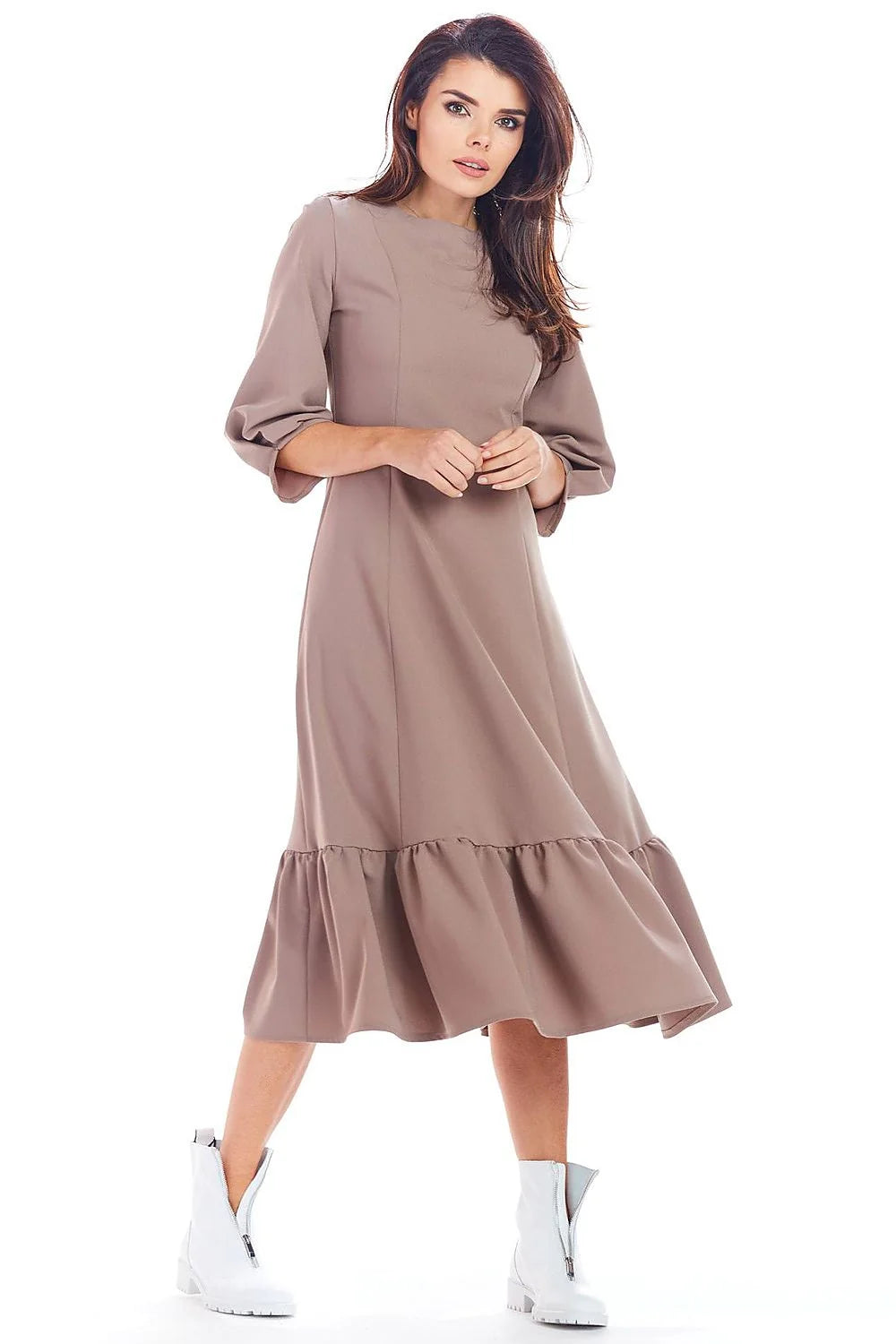 Robe midi élégante taupe ample en coton pour femmes style chic manches trois-quarts polyvalente