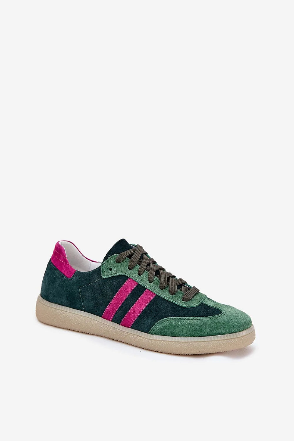 Chaussures de sport élégantes pour femmes en daim vert foncé et rose vif, baskets basses lacées avec semelle en caoutchouc beige
