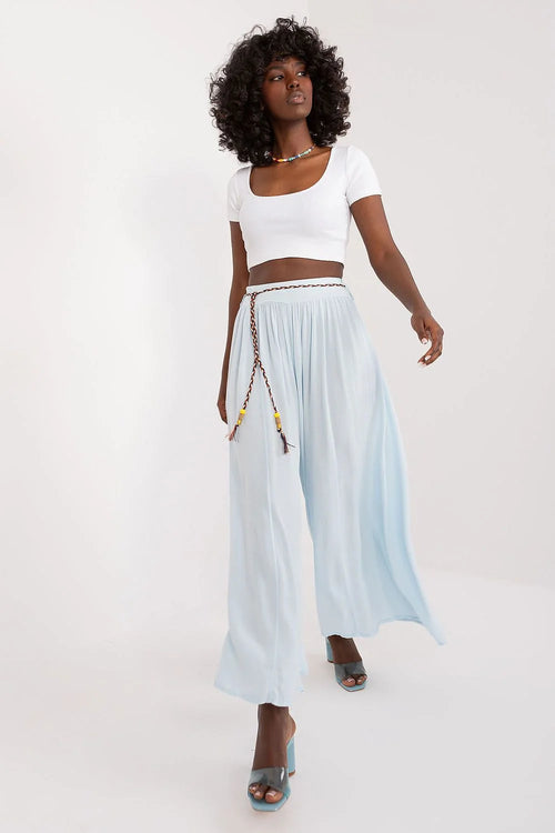 Pantalon femme style palazzo viscose légère taille haute ceinture tressée couleur bleu ciel summer occasion