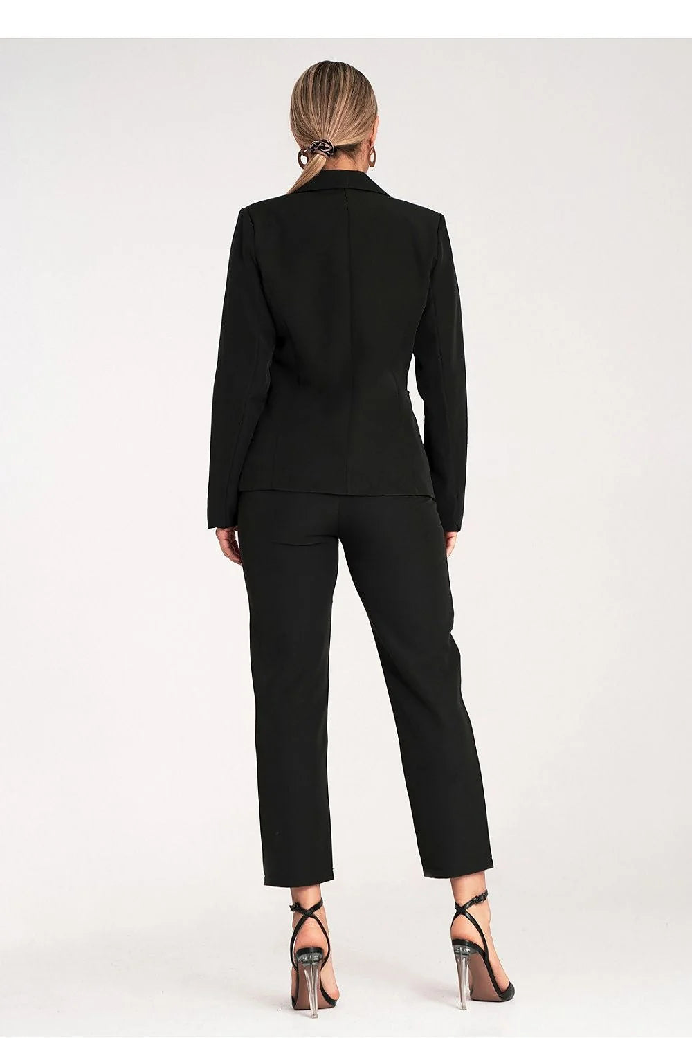 Ensemble tailleur-pantalon élégant pour femme en tissu polyester et elasthanne noir coupe ajustée veste à bouton unique et pantalon taille haute