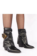 bottines simili cuir noir lisse mi mollet cowgirl moderne bout pointu talon bloc 7cm col roulé boucle dorée