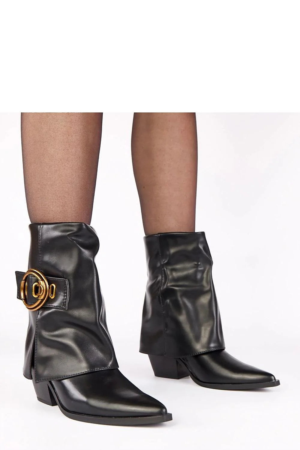 bottines simili cuir noir lisse mi mollet cowgirl moderne bout pointu talon bloc 7cm col roulé boucle dorée