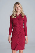 Robe bordeaux côtelée chic ajustée à boutons manches longues élégante mode moderne pour femme