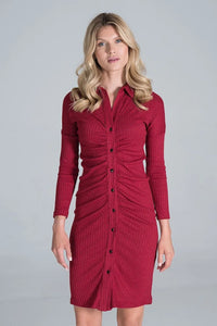 Robe bordeaux côtelée chic ajustée à boutons manches longues élégante mode moderne pour femme
