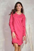 Robe casual femme élégance confort rose vif coupe droite manches longues encolure ronde boutons décoratifs mode quotidien