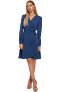 Robe portefeuille fluide manches longues élégante encolure V ajustable couleur bleu profond pour femmes modernes
