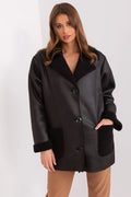 Veste élégante pour femme en similicuir noir faux shearling oversize boutons noirs