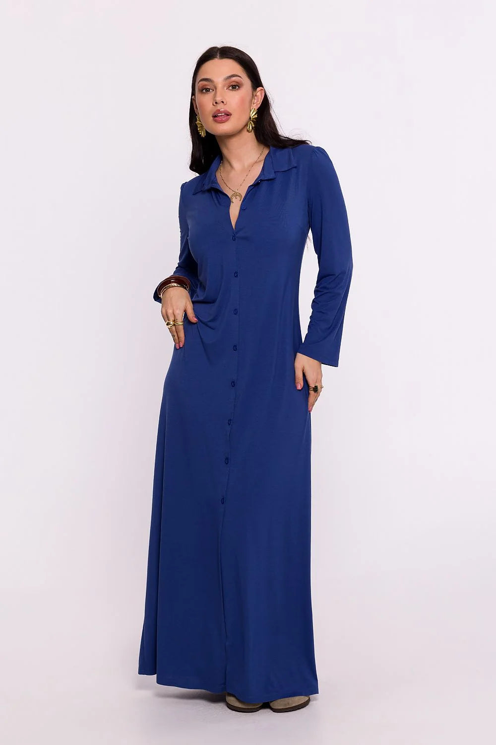 Robe longue Be Wear style décontracté couleur bleu profond manches longues col en pointe tissu souple femme