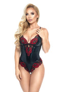 Body élégant féminin en tissu satiné noir dentelle rouge motifs floraux ajusté bretelles fines corsage ouvert
