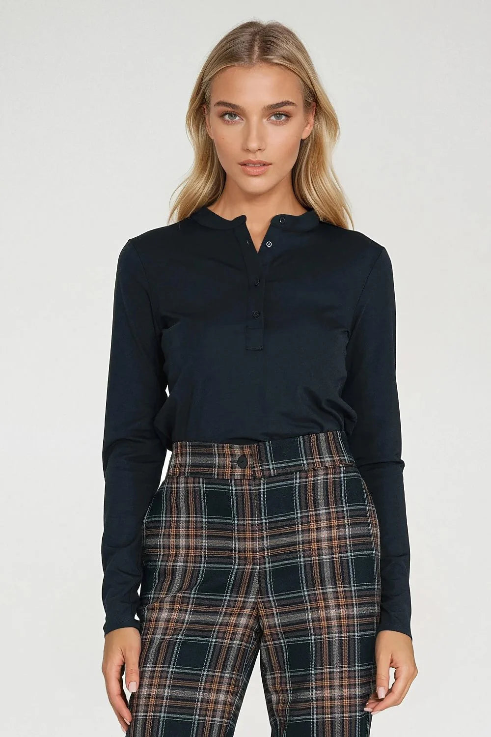 chemisier femme polo henley manches longues bleu marine maille légère extensible spandex col montant patte boutonnage trois boutons ajusté élégant