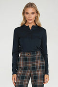 chemisier femme polo henley manches longues bleu marine maille légère extensible spandex col montant patte boutonnage trois boutons ajusté élégant