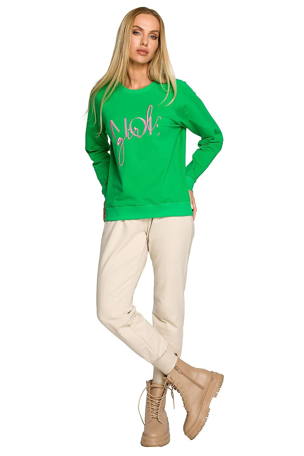 Sweatshirt pour femme moderne style casual couleur verte vif manches longues broderie Girl coton élasthanne ajustement confortable