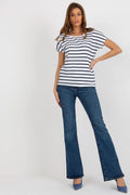 T-shirt à rayures bleu marine et blanc pour femme, coupe décontractée, manches courtes, encolure ronde, tissu coton elasthanne, taille ajustable