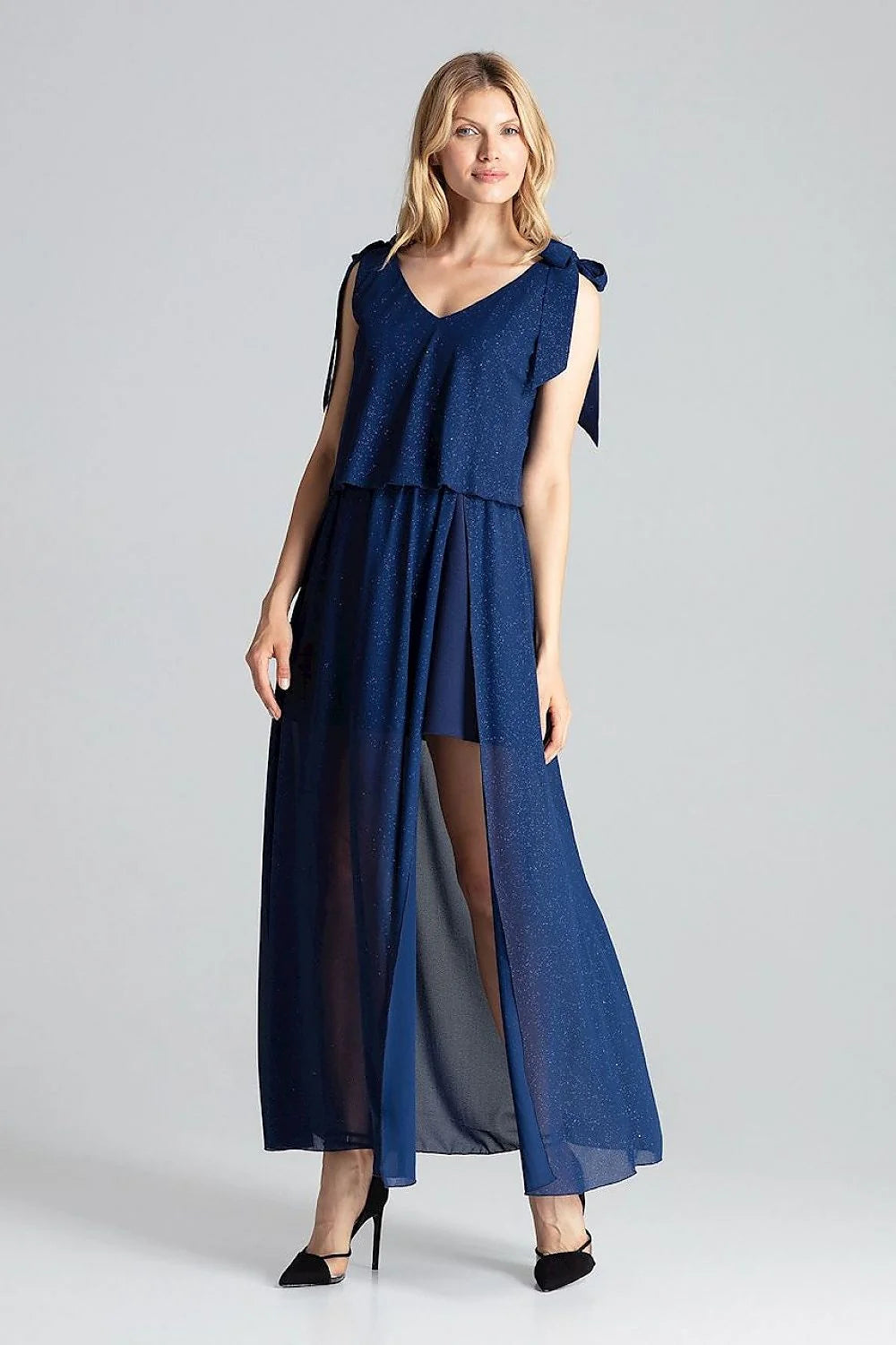 robe soirée longue rouge vif élégante cocktail polyester stretch col V profond sans manches taille élastiquée fente latérale