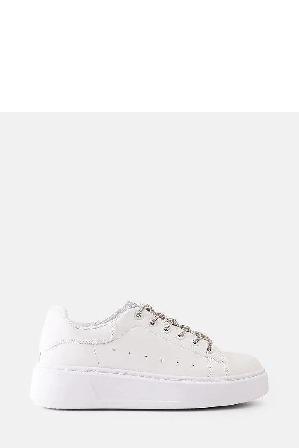 baskets blanches simili cuir suédé semelle épaisse plateforme femme casual chic minimalistes lacets bicolores argentés perforations respirantes confort