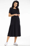 Robe femme été 2023 style décontracté noire matière douce longueur midi manches courtes encolure ronde femmes élégance confort