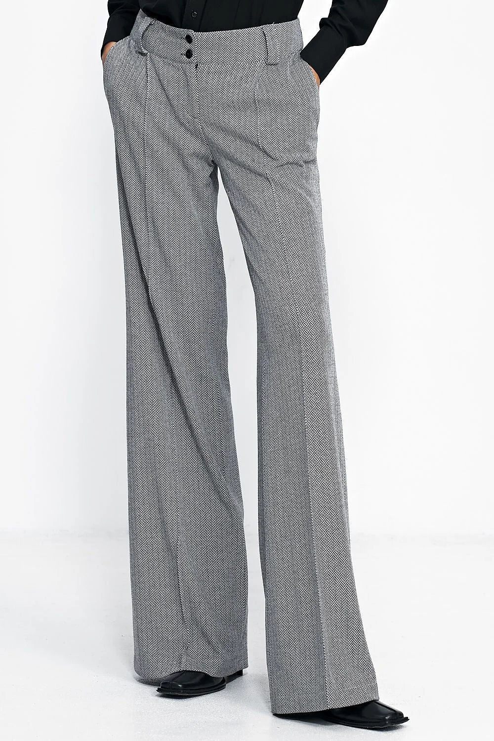 Pantalon à jambes larges élégant pour femme, style moderne, taille haute, motif chevrons, polyuréthane, polyester, viscose, confort, occasion spéciale, tenue professionnelle