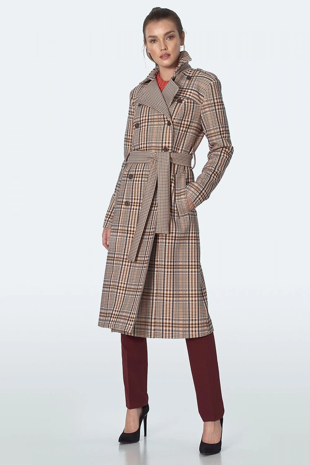 Manteau long carreaux Prince de Galles en polyester spandex élégant chic hiver pour femmes 2020